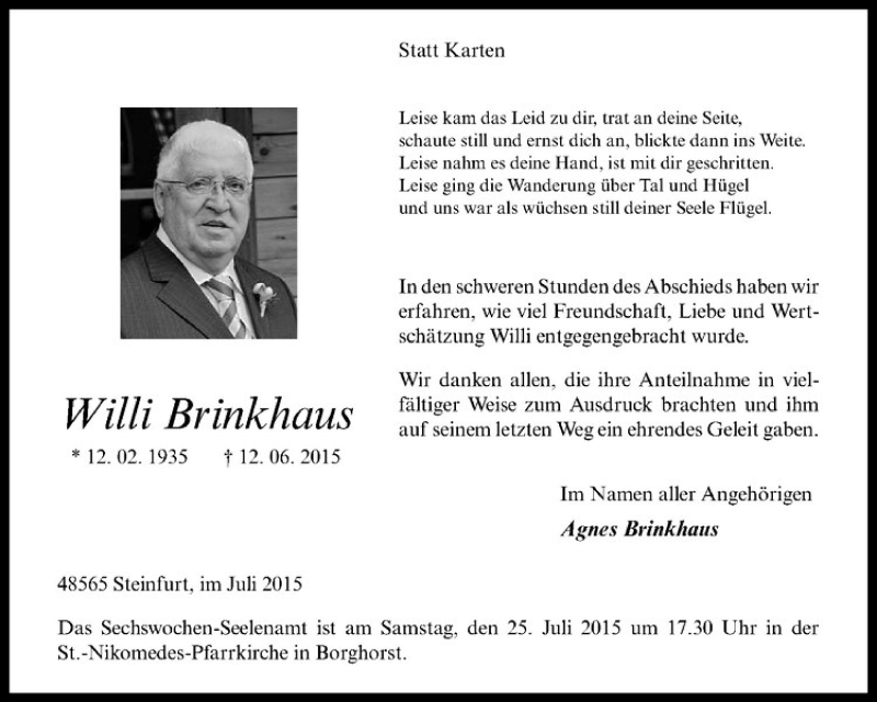 Traueranzeigen Von Willi Brinkhaus Trauer Ms