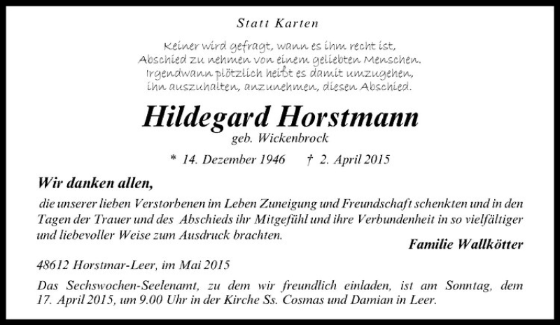 Traueranzeigen Von Hildegard Horstmann Trauer Ms