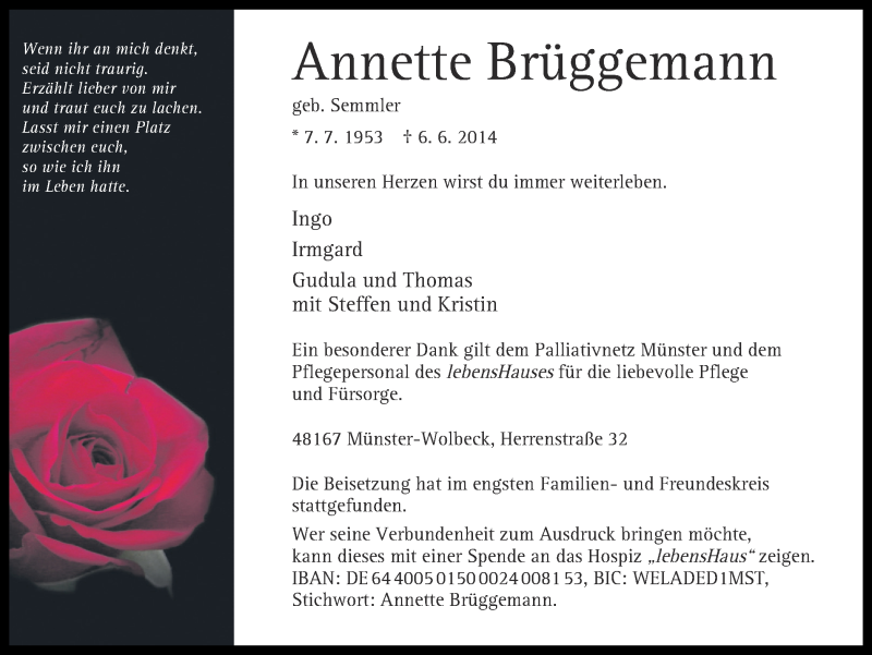 Traueranzeigen von Annette Brüggemann trauer ms