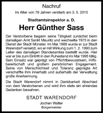 Anzeige von Günther Sass von Westfälische Nachrichten