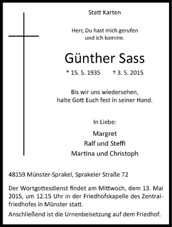 Anzeige von Günther Sass von Westfälische Nachrichten