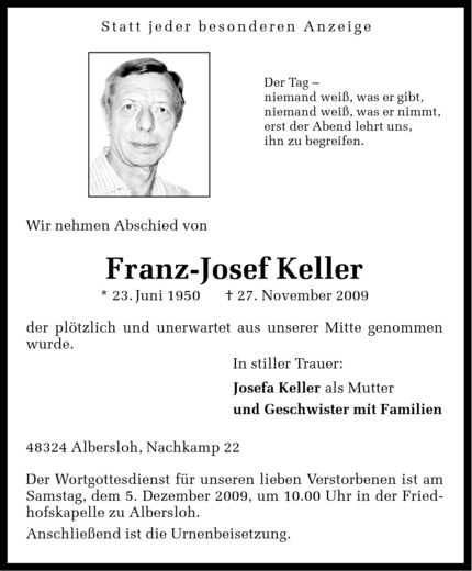 Traueranzeigen Von Franz Josef Keller Trauer Ms