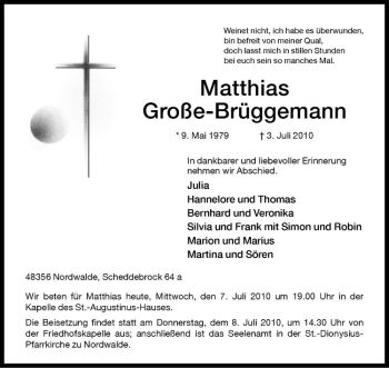 Traueranzeigen Von Matthias Gro E Br Ggemann Trauer Ms