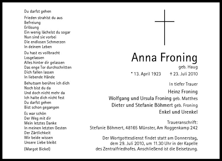 Traueranzeigen Von Anna Froning Trauer Ms