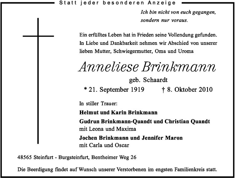 Traueranzeigen Von Anneliese Brinkmann Trauer Ms