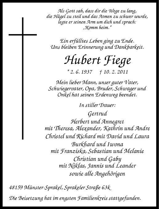 Traueranzeigen Von Hubert Fiege Trauer Ms