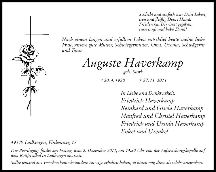 Traueranzeigen Von Auguste Haverkamp Trauer Ms