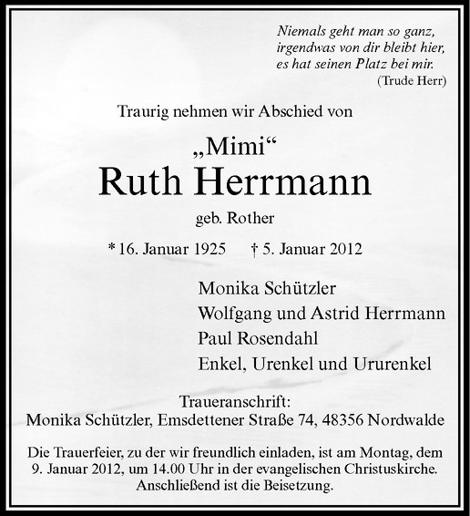 Traueranzeigen Von Mimi Ruth Herrmann Trauer Ms