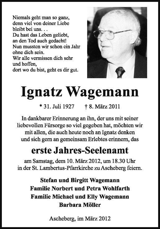 Traueranzeigen Von Ignatz Wagemann Trauer Ms