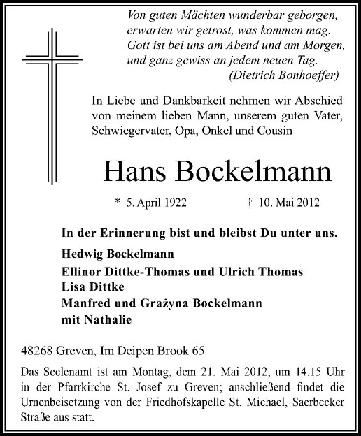 Traueranzeigen Von Hans Bockelmann Trauer Ms