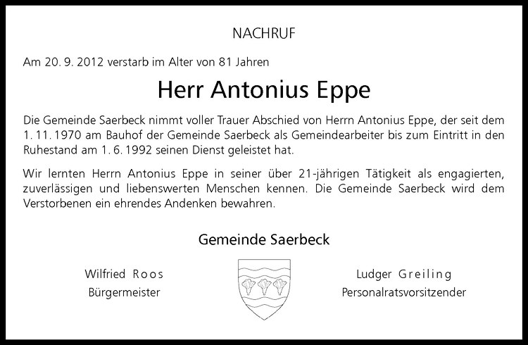 Traueranzeigen Von Antonius Eppe Trauer Ms