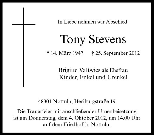 Traueranzeigen Von Tony Stevens Trauer Ms