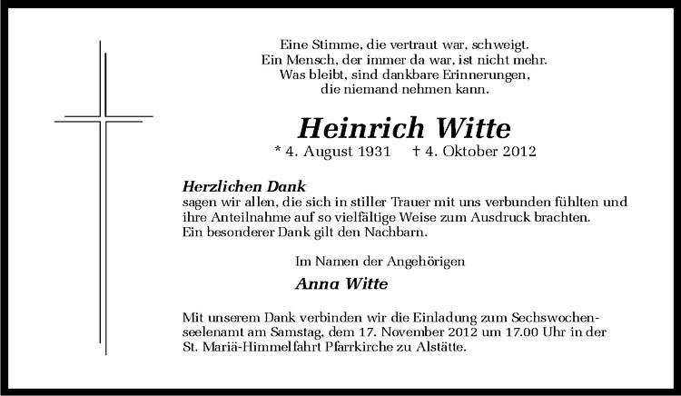 Traueranzeigen Von Heinrich Witte Trauer Ms