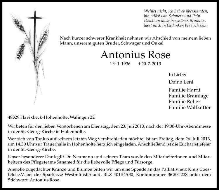 Traueranzeigen Von Antonius Rose Trauer Ms