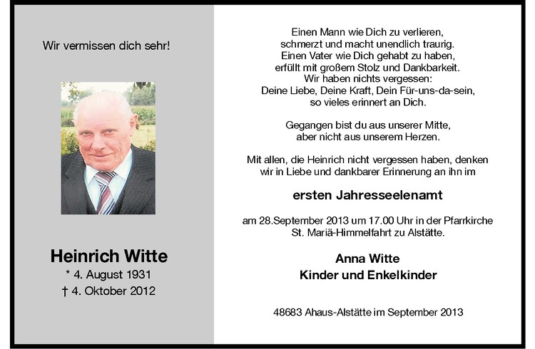 Traueranzeigen Von Heinrich Witte Trauer Ms