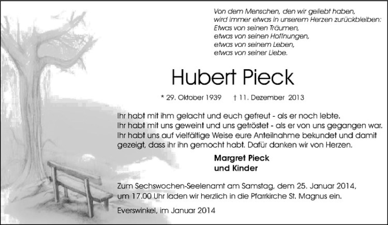 Traueranzeigen Von Hubert Pieck Trauer Ms