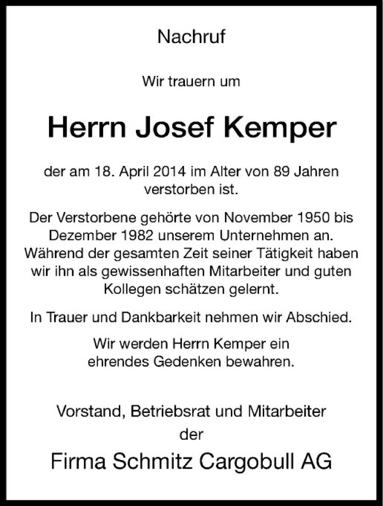 Traueranzeigen Von Josef Kemper Trauer Ms