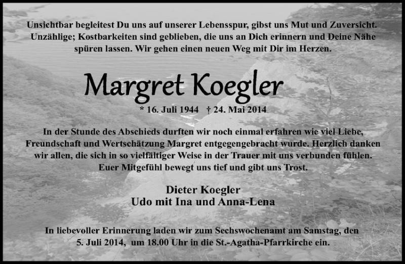 Traueranzeigen Von Margret Koegler Trauer Ms