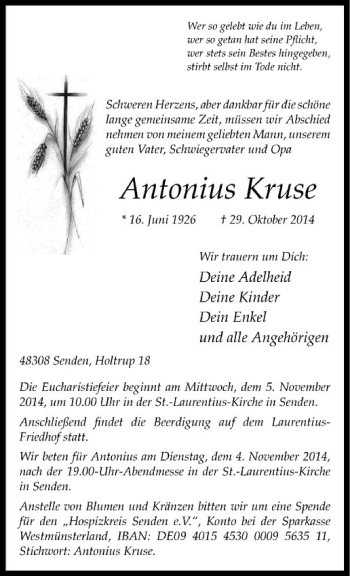 Traueranzeigen Von Antonius Kruse Trauer Ms