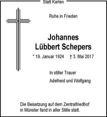 Anzeige von Johannes Lübbert Schepers von Westfälische Nachrichten
