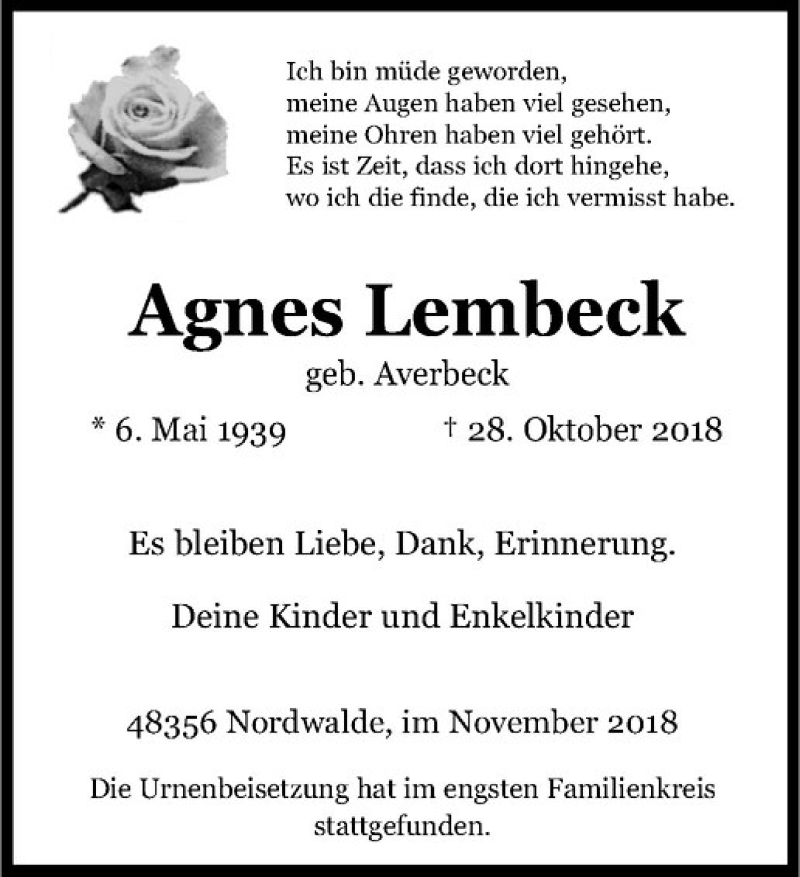 Traueranzeigen Von Agnes Lembeck Trauer Ms