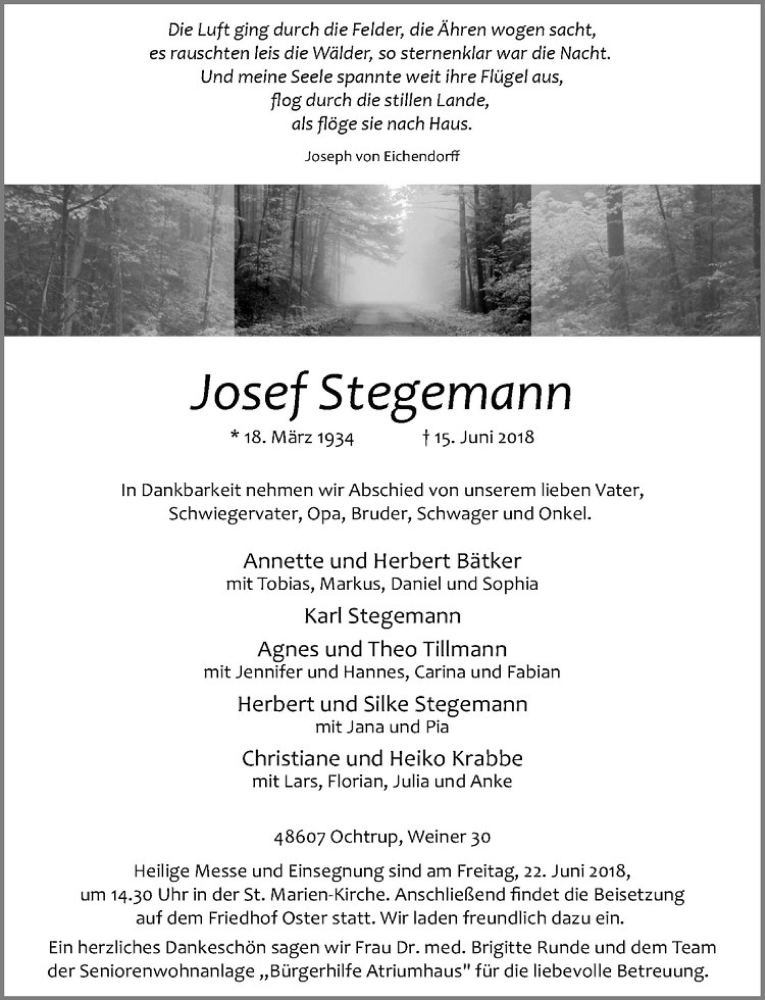 Traueranzeigen Von Josef Stegemann Trauer Ms