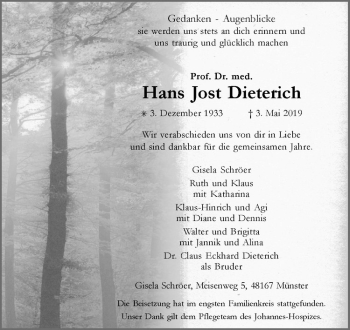 Anzeige von Hans Jost Dieterich von Westfälische Nachrichten