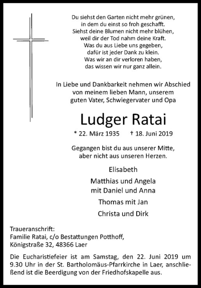 Traueranzeigen Von Ludger Ratai Trauer Ms