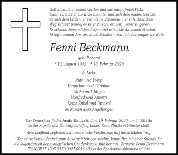 Traueranzeigen Von Fenni Beckmann Trauer Ms