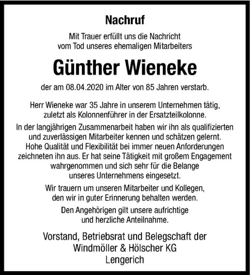 Traueranzeigen von Günther Wieneke trauer ms