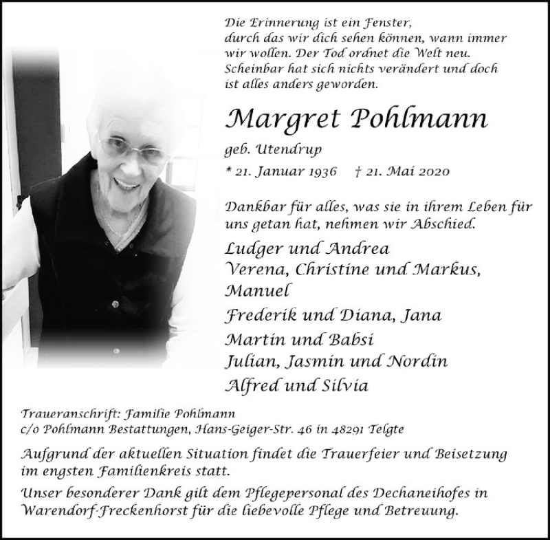 Traueranzeigen Von Margret Pohlmann Trauer Ms