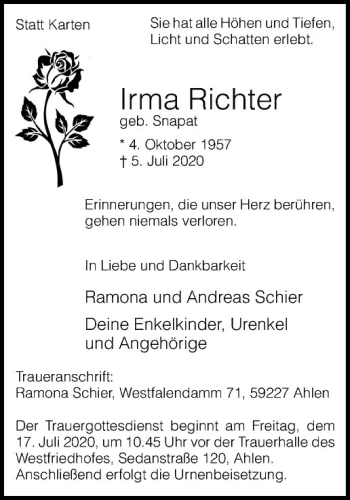 Traueranzeigen Von Irma Richter Trauer Ms