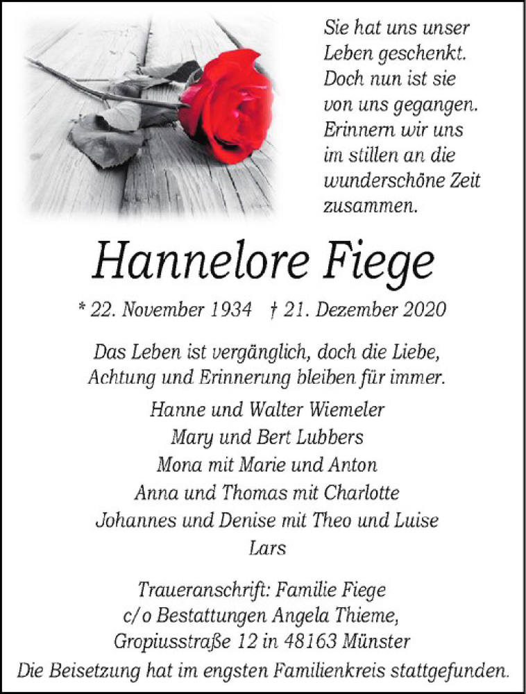 Traueranzeigen Von Hannelore Fiege Trauer Ms