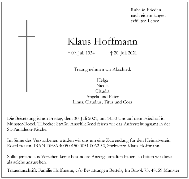 Traueranzeigen Von Klaus Hoffmann Trauer Ms