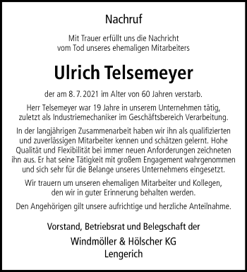 Traueranzeigen Von Ulrich Telsemeyer Trauer Ms