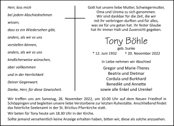 Traueranzeigen von Tony Böhle trauer ms