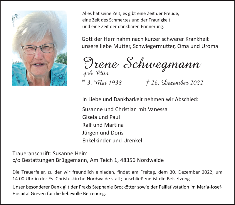 Traueranzeigen Von Irene Schwegmann Trauer Ms