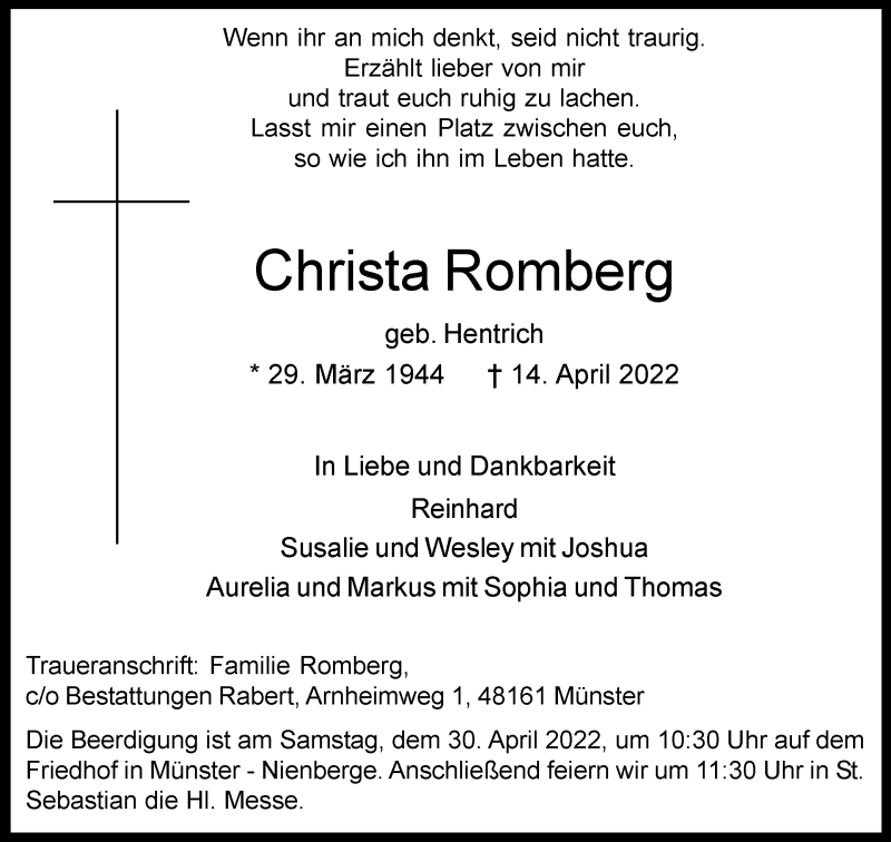 Traueranzeigen Von Christa Romberg Trauer Ms