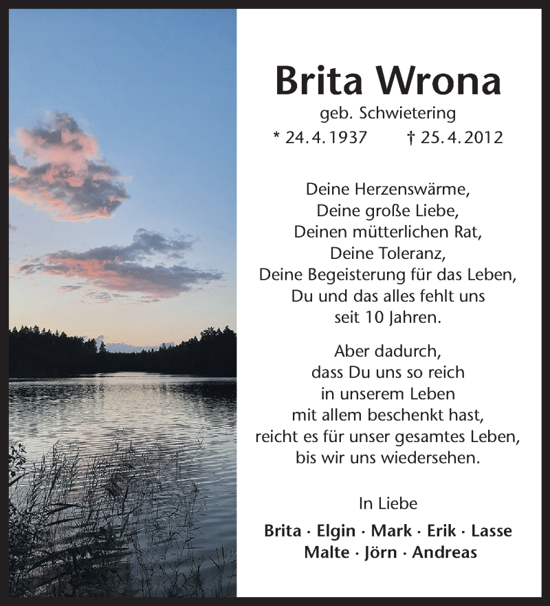 Traueranzeigen Von Brita Wrona Trauer Ms