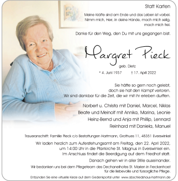 Traueranzeigen Von Margret Pieck Trauer Ms