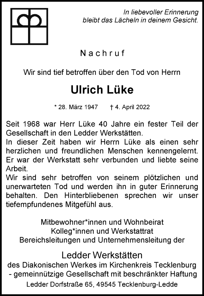 Traueranzeigen Von Ulrich L Ke Trauer Ms