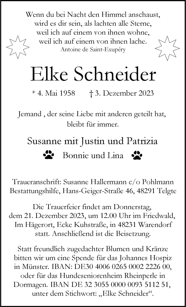 Traueranzeigen Von Elke Schneider Trauer Ms