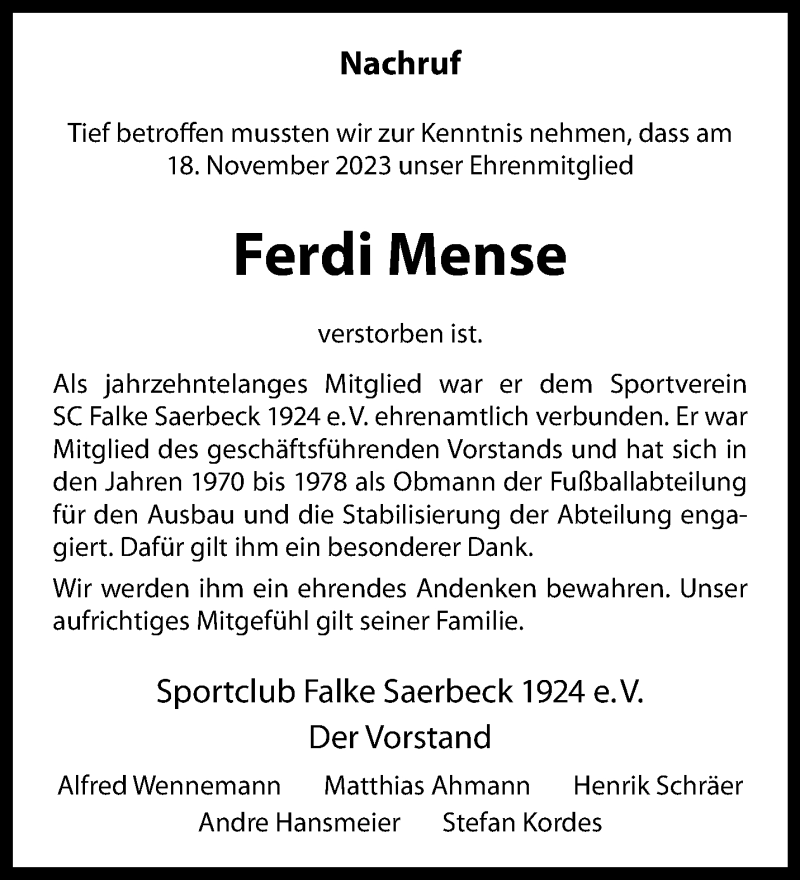 Traueranzeigen Von Ferdi Mense Trauer Ms