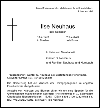 Traueranzeigen Von Ilse Neuhaus Trauer Ms