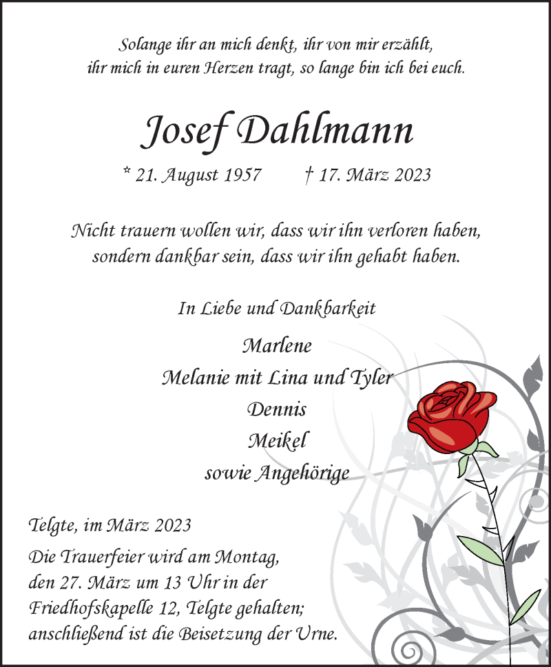 Traueranzeigen Von Josef Dahlmann Trauer Ms