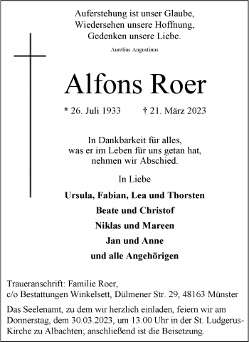 Traueranzeigen Von Alfons Roer Trauer Ms