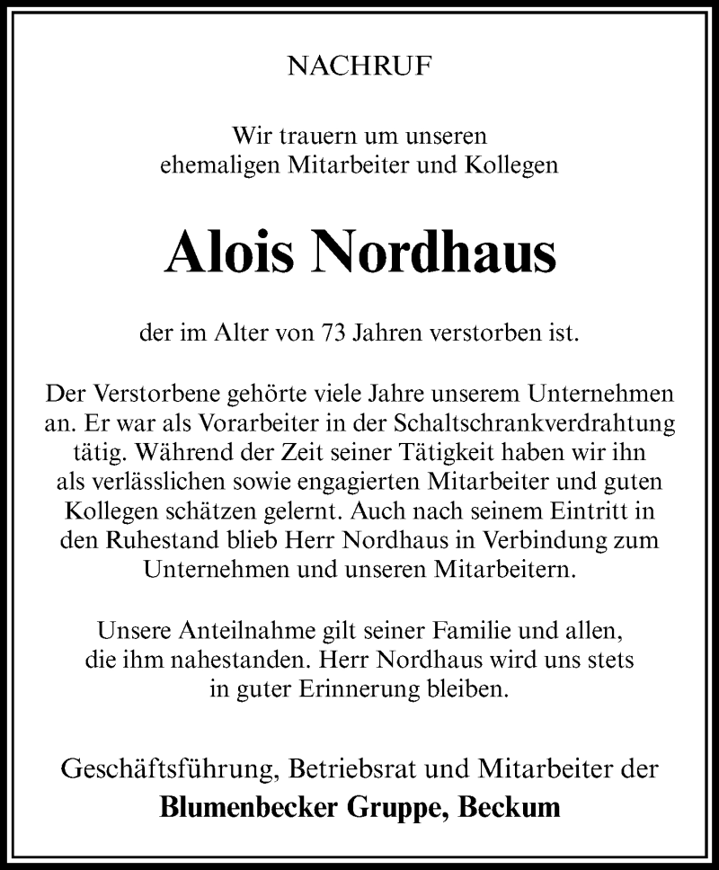 Traueranzeigen Von Alois Nordhaus Trauer Ms