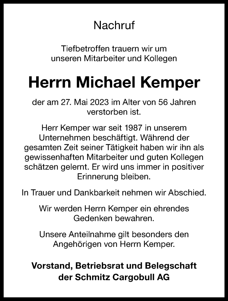 Traueranzeigen Von Michael Kemper Trauer Ms