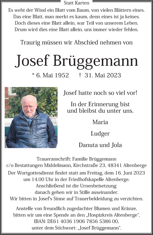 Traueranzeigen von Josef Brüggemann trauer ms