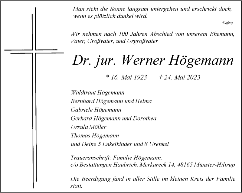 Traueranzeigen Von Dr Jur Werner H Gemann Trauer Ms